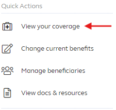 Image depicts a list of options with a red arrow pointing to "View your coverage"